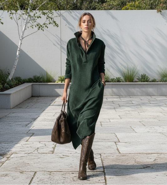 Person wearing a dark green dress holding a brown bag against a backyard