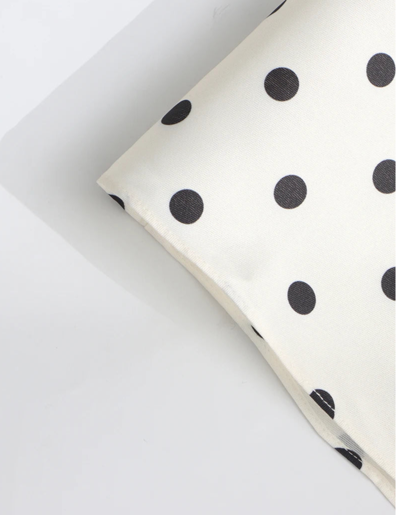 close-up shot for a dress edge with black polka dots on a white background