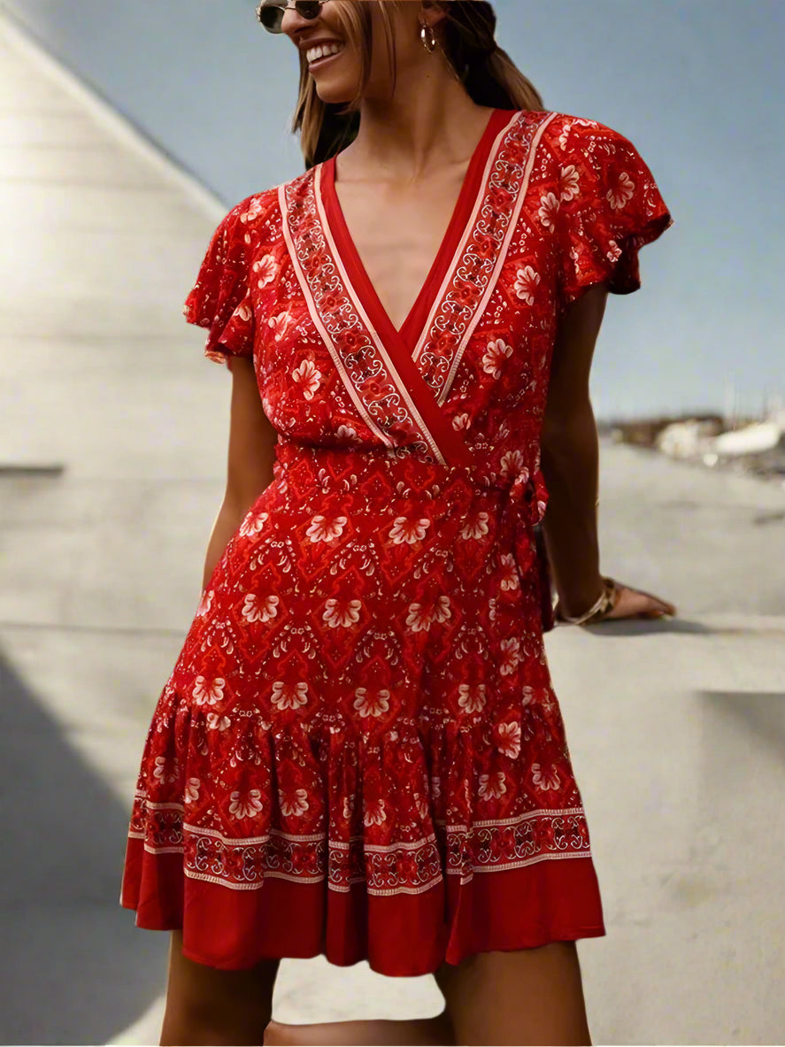 Woman wearing a red patterned dress outdoors