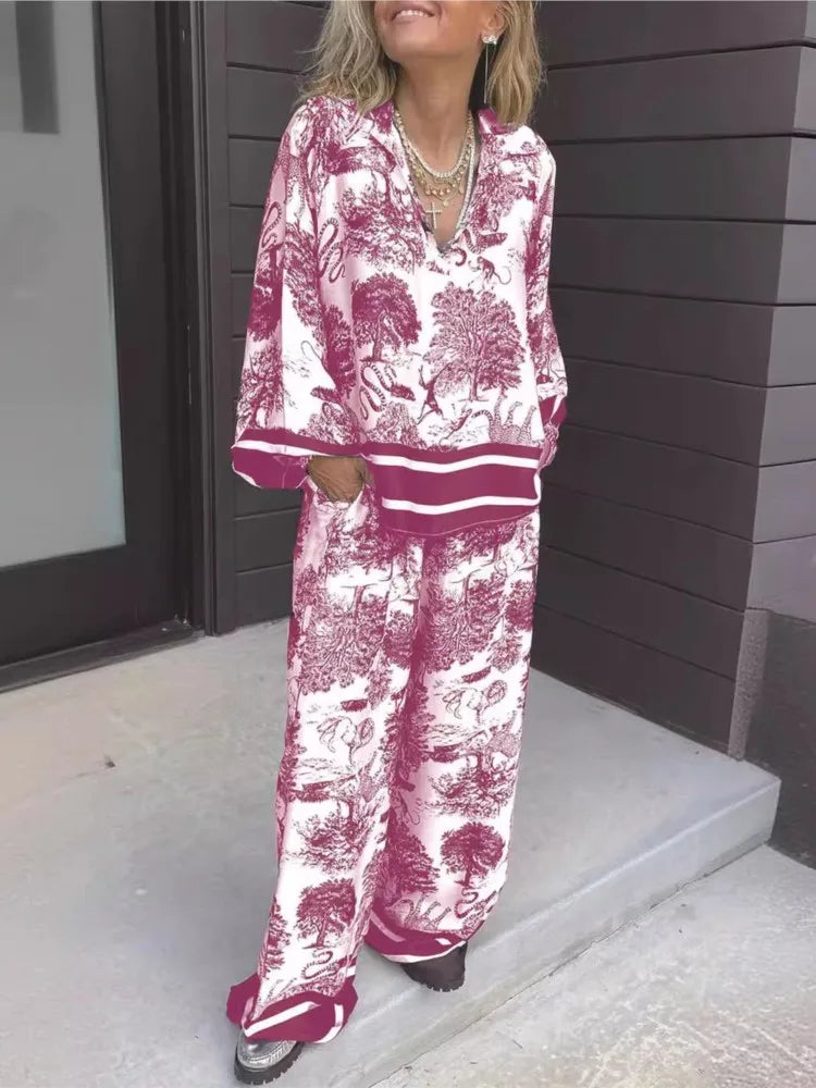 Paula's Loose Elegant Printed Wide Leg Pants Set