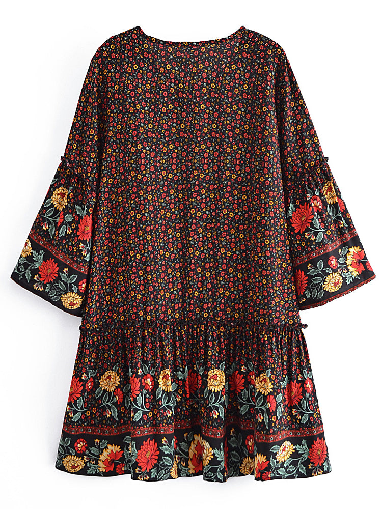 Yosra's  Hippie, Vintage, Stylish, Trendy, Loose, Floral, Ruffles, Print, Floral, Bohemian, Mini Dress