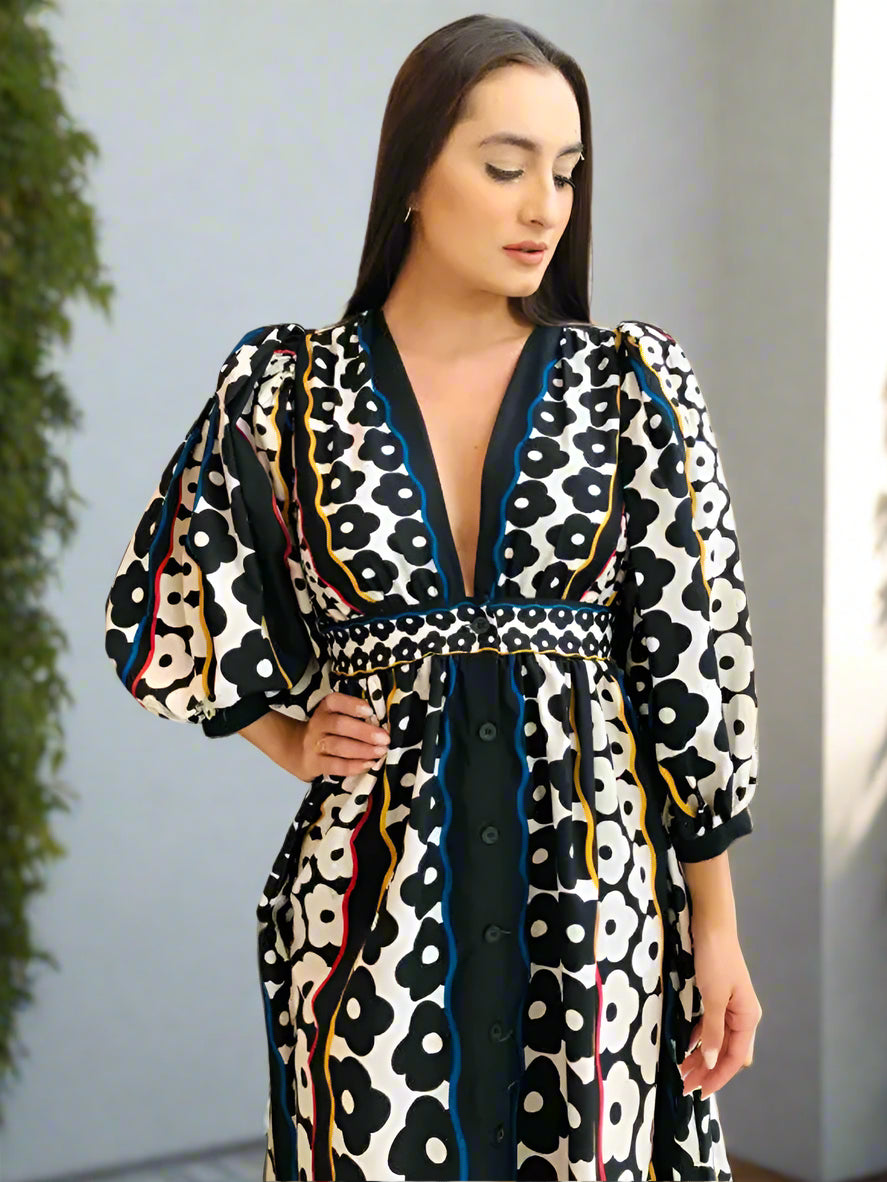 Carmen's Boho, Printed, Deep V-Neck, Long Sleeves, Summer, Stylish, Trendy, Long Dress