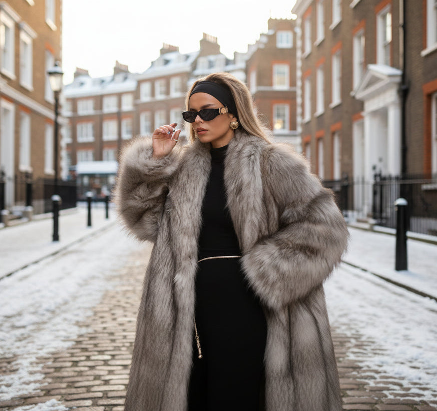 Person wearing a gray fur coat 