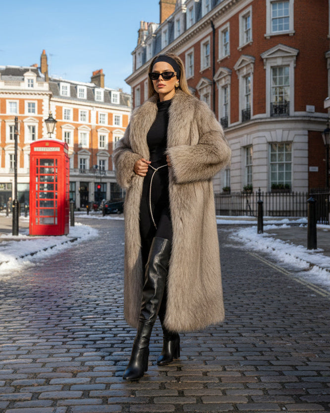 Person wearing a long fur coat in front of a park