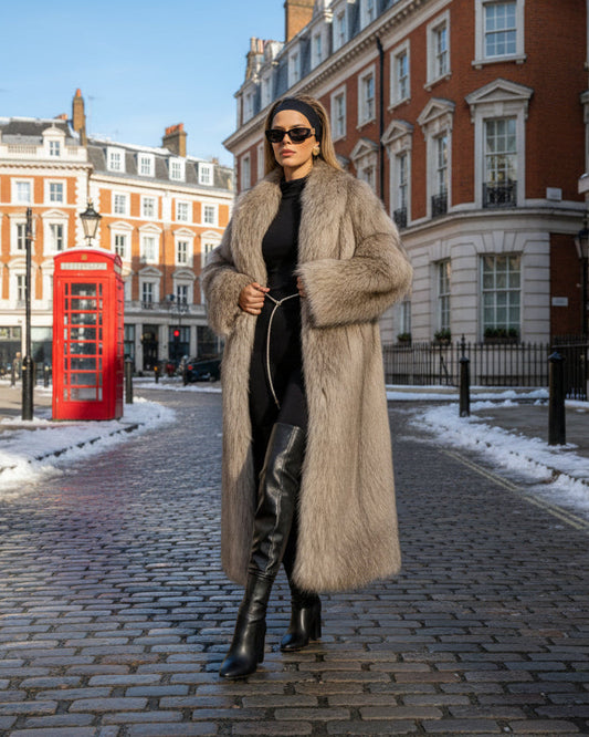 Person wearing a long fur coat in front of a park