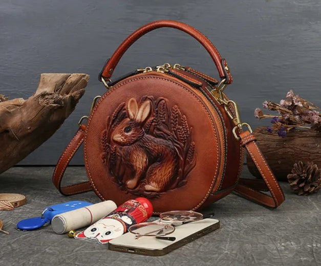 Karma's Genuine Leather, Round Shape, Vintage, Stylish, Retro, Rabbit Embossed, Shoulder Bag