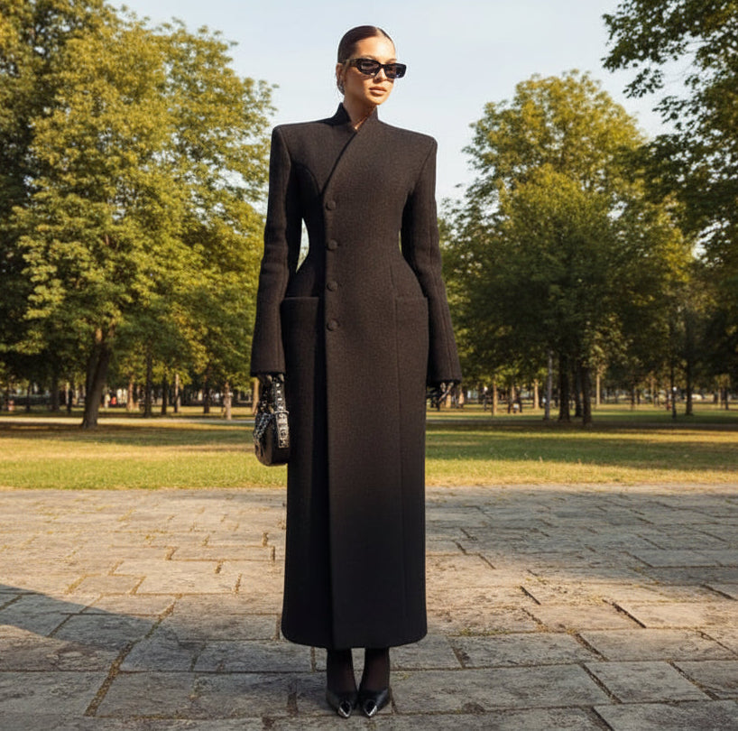 Woman in a long black coat standing against an open park