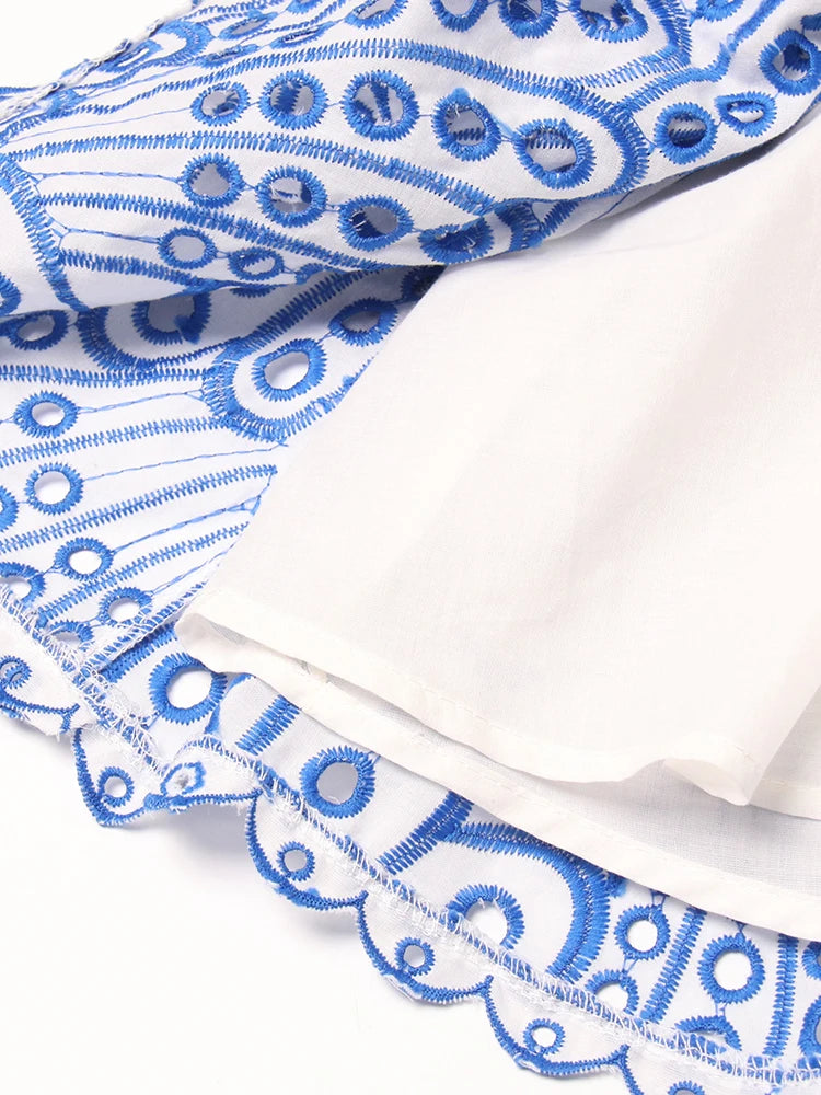 Close-up of blue and white patterned fabric