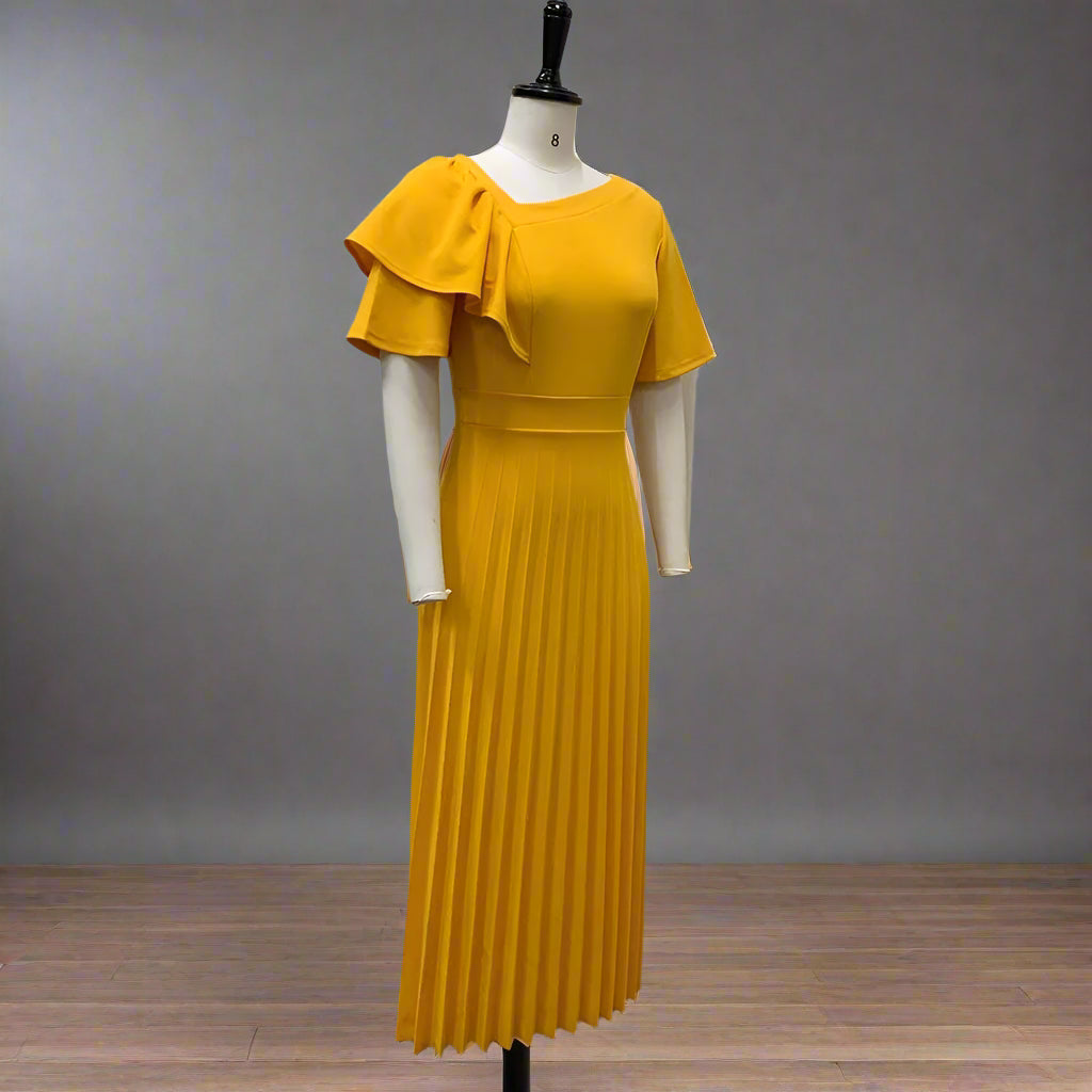 Dana's Pleated, stylish, Trendy, Vintage, Ruffles, short Sleeves, Midi, Office Dress