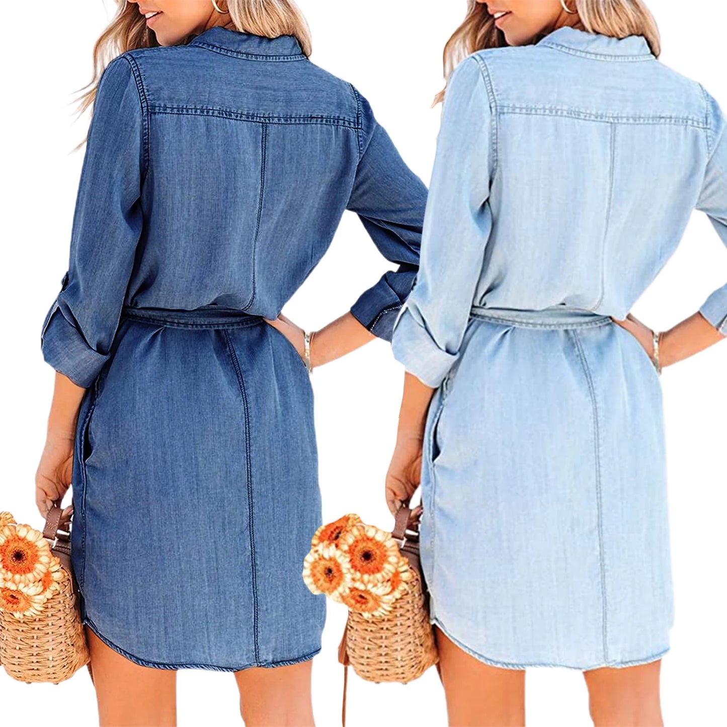 Angela's Belted Long Sleeves Casual Mini Denim Dress