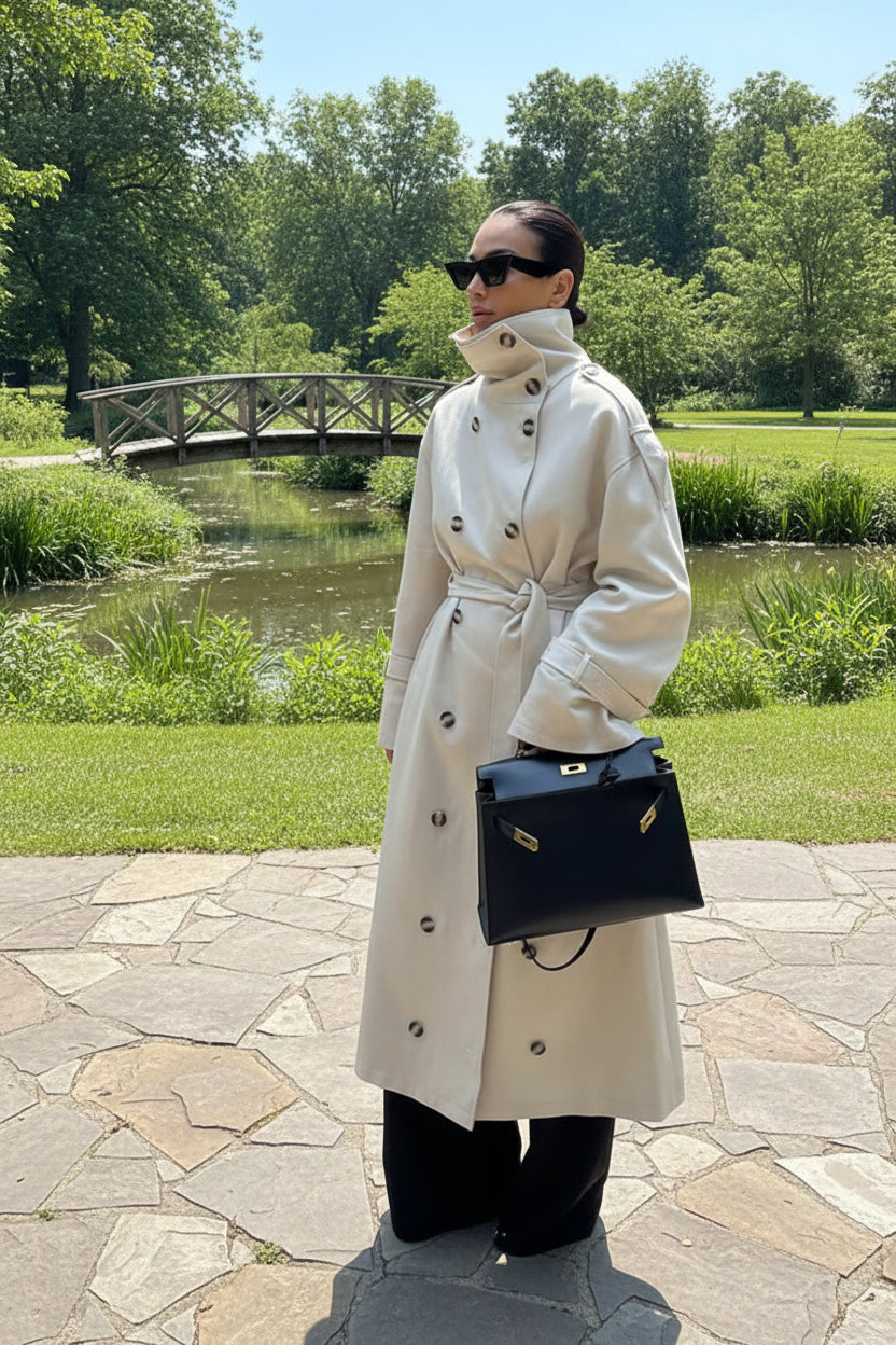 Person wearing a long white coat with a black handbag in open park