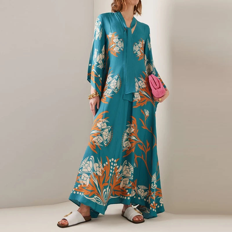 Ellen's Loose Printed Maxi Dress with flare long sleeves