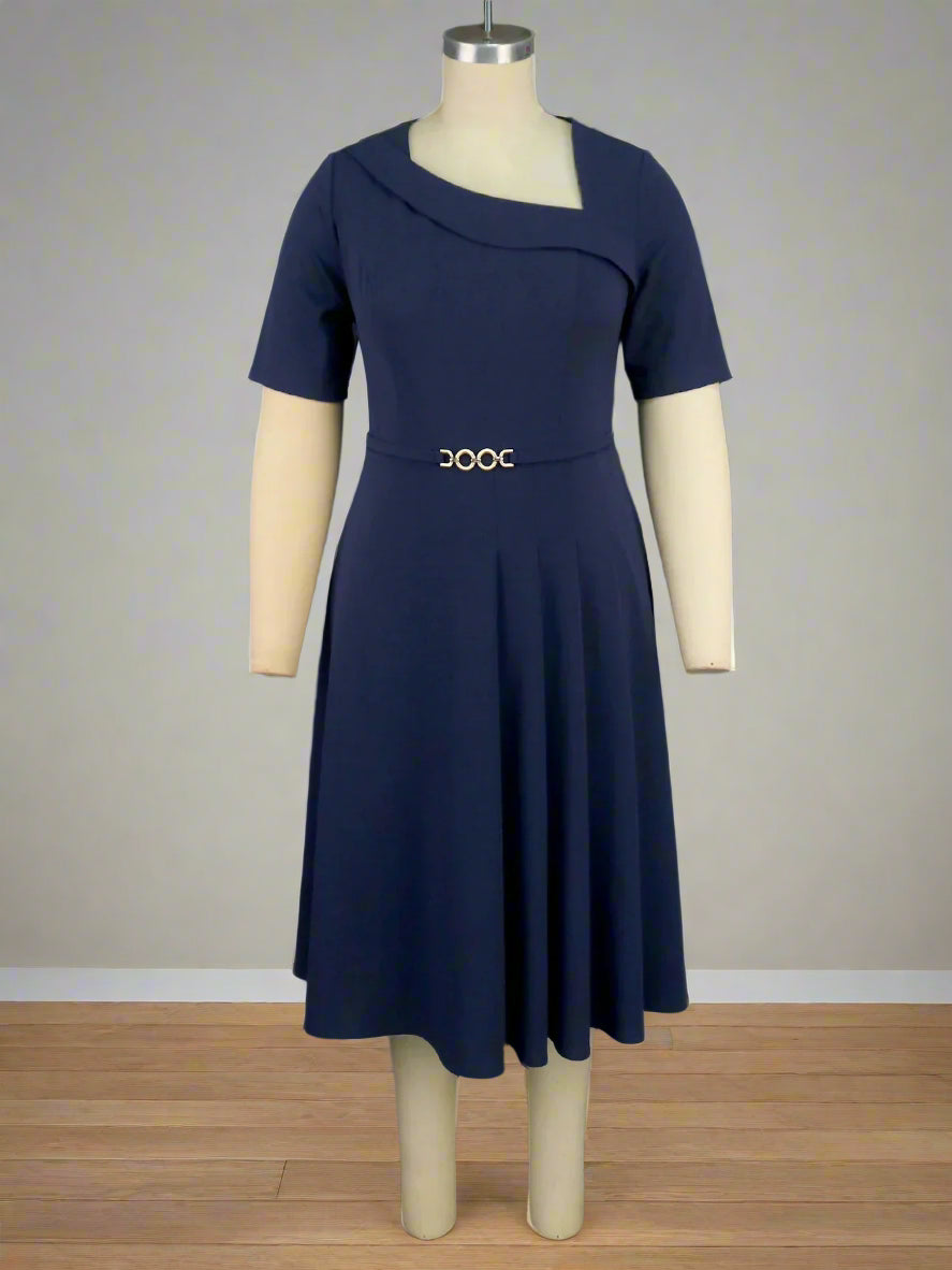 Marwa's Navy Blue, Stylish, Trendy, Office Style, Pleated, Asymmetric Neck, Half sleeves, Midi Dress