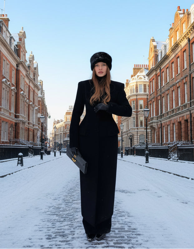 Person in a black coat and hat standing in a snowy landscape with decorative railings.