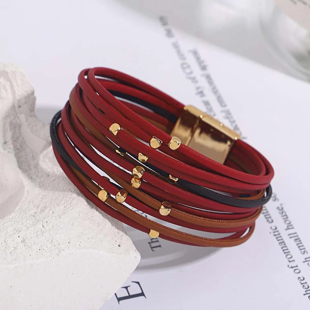 Tanya's Triple Color Leather Bohemian Metal Beads Multilayer Thin Strip Wrap Bracelets