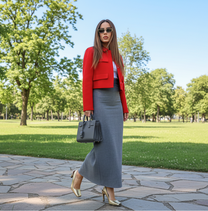 Woman in a red jacket and gray skirt walking outdoors.