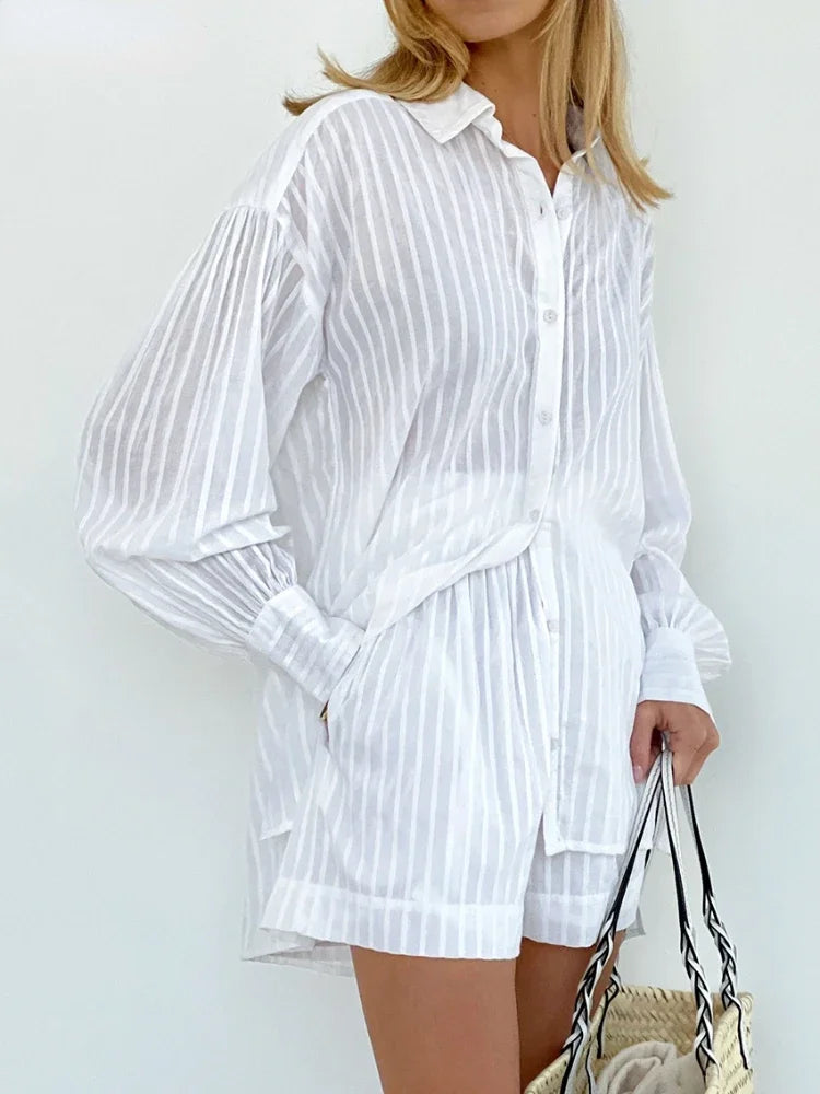 Lara's Striped, White, Jacquard, 2 Pieces, Loose, Summer, Stylish, Trendy, Long Sleeves, Shirt,Elastic Waist, Shorts Sets