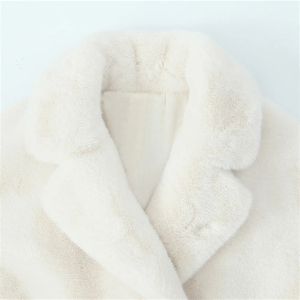 Linda's White, Faux Fur, Trendy, Stylish, Elegant, Long, Warm, Single breasted, Belted Coat