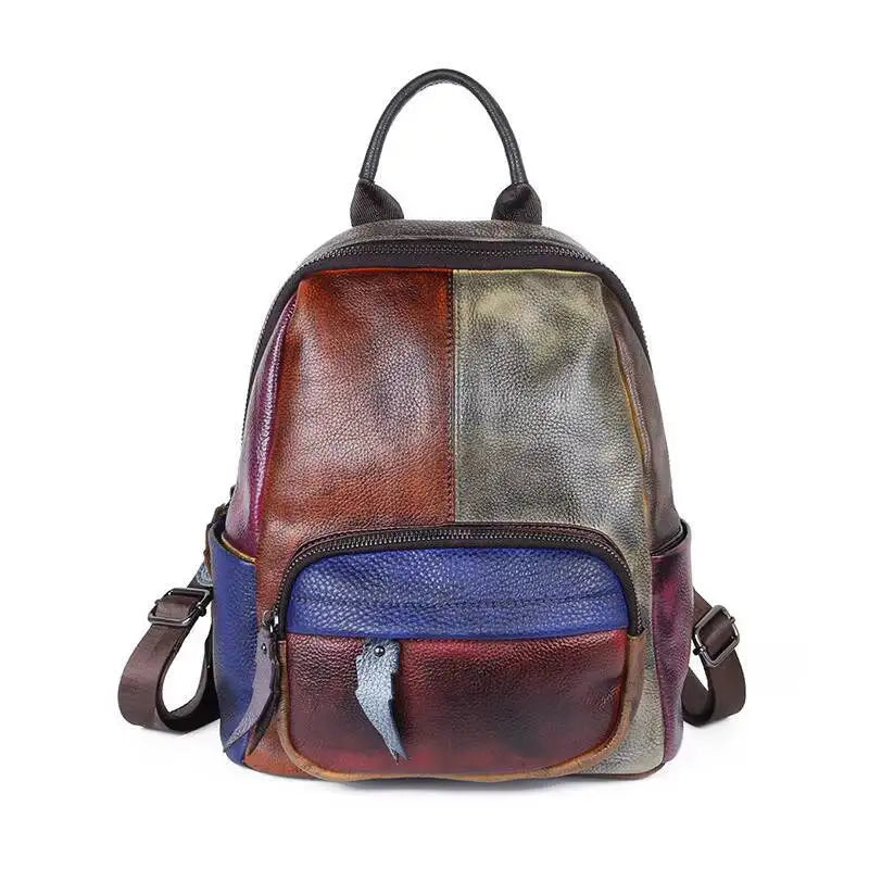 Multicolored leather backpack on a white background