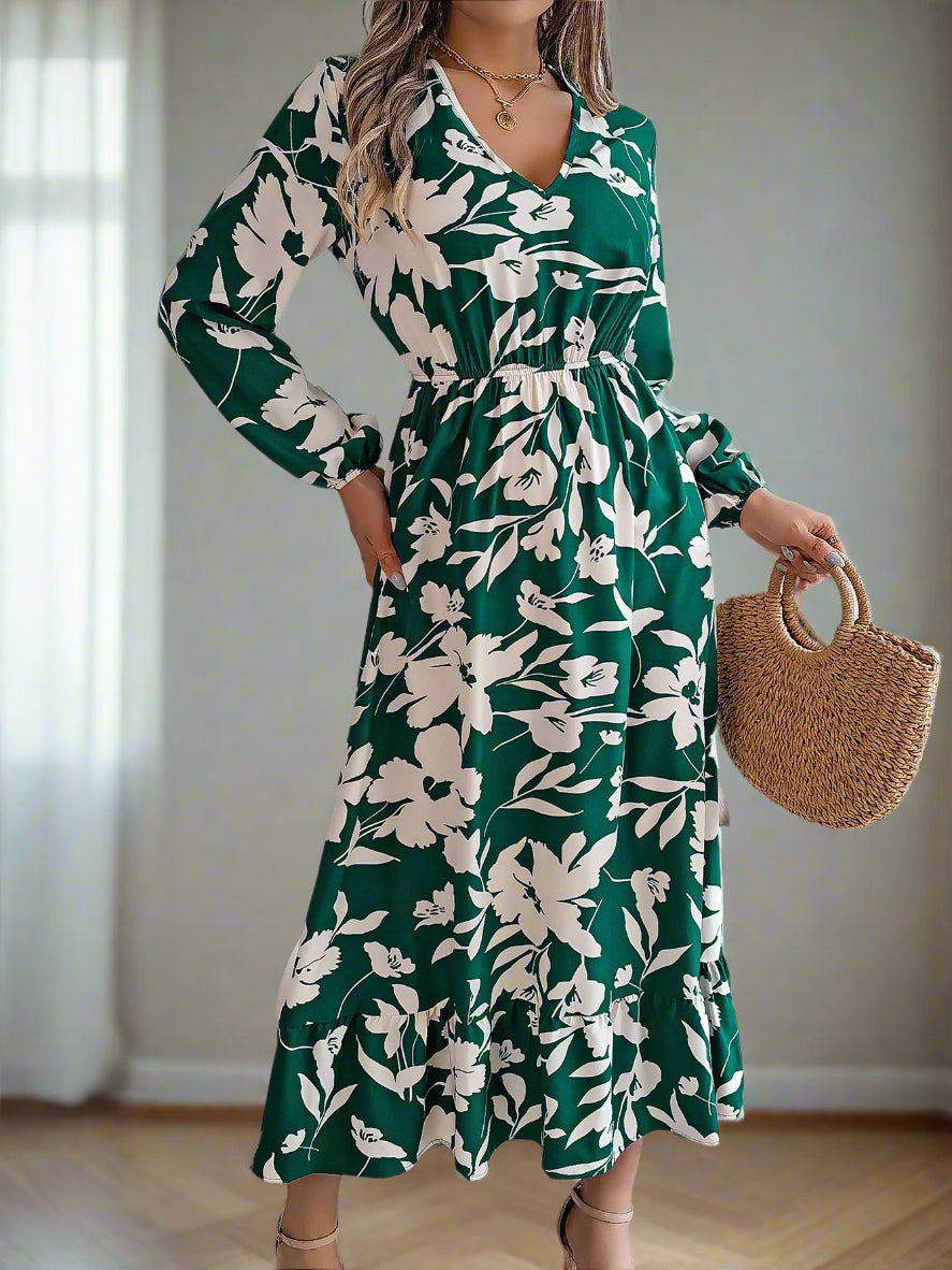 Vienna's Floral Print, Trendy, Stylish, Vintage, Elastic Waist, Long Sleeves, Pullover, Robe, Midi Long Dress