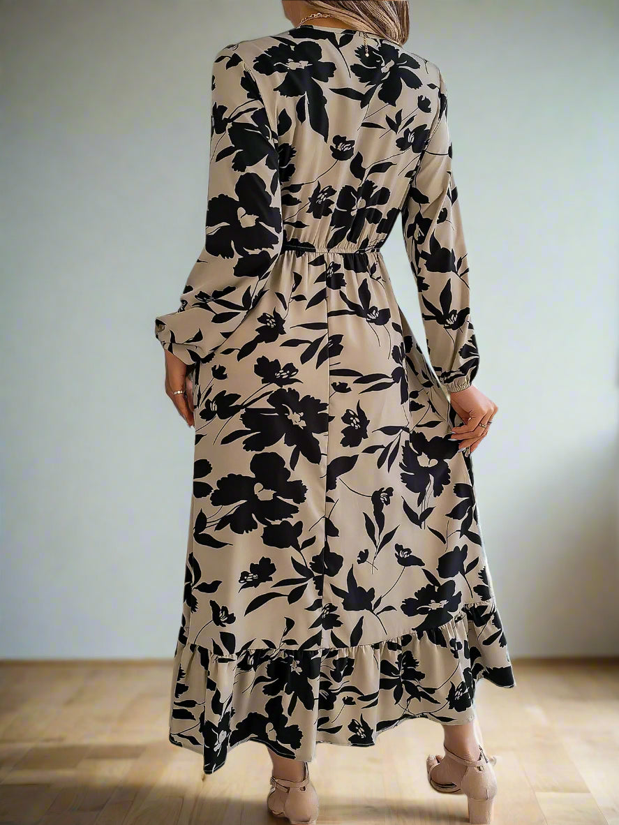 Vienna's Floral Print, Trendy, Stylish, Vintage, Elastic Waist, Long Sleeves, Pullover, Robe, Midi Long Dress