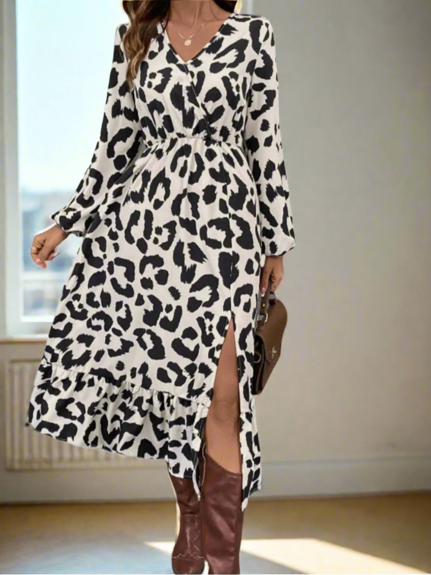 Hellen's Leopard Printed, Trendy, Stylish, Vintage, Long Sleeves, Elastic Waist, Slit Bottom, Midi Dress