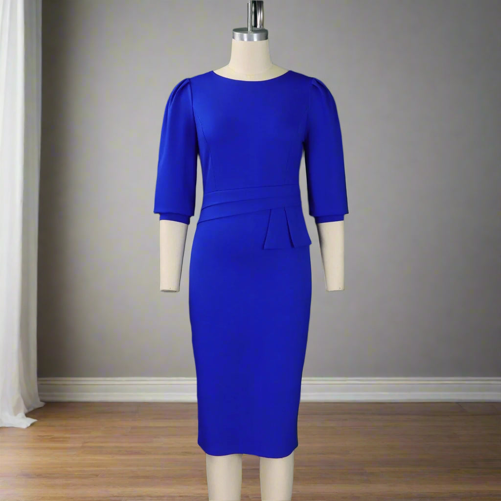 Huda's Sheath, Solid Color, Trendy, Stylish, Vintage, Midi, 3/4 Sleeves, Fit, Office Dress