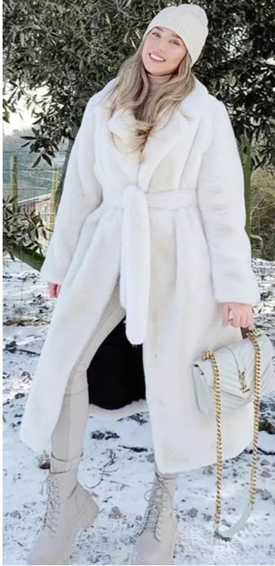 Linda's White, Faux Fur, Trendy, Stylish, Elegant, Long, Warm, Single breasted, Belted Coat