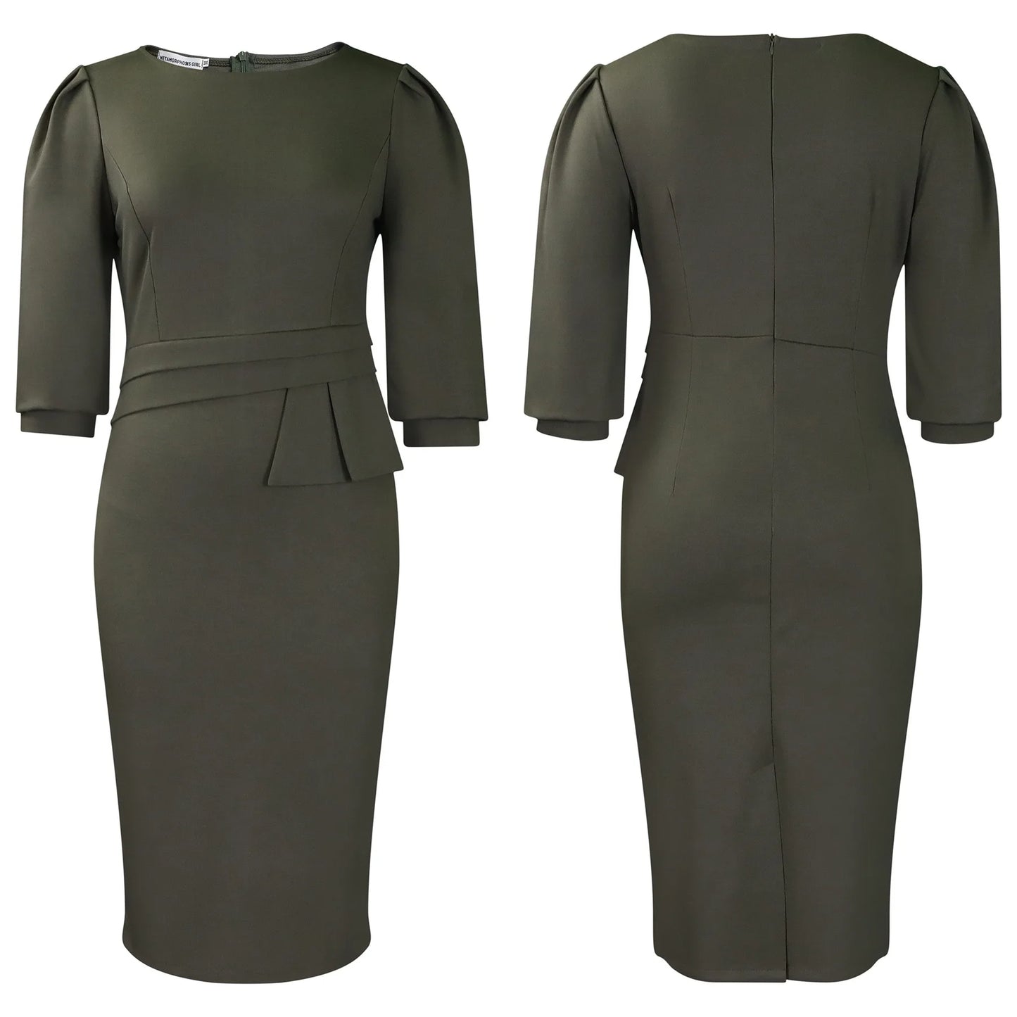 Huda's Sheath, Solid Color, Trendy, Stylish, Vintage, Midi, 3/4 Sleeves, Fit, Office Dress