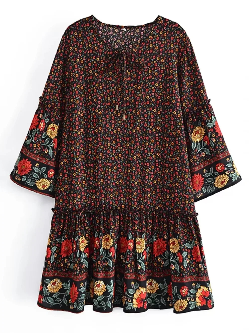 Yosra's  Hippie, Vintage, Stylish, Trendy, Loose, Floral, Ruffles, Print, Floral, Bohemian, Mini Dress