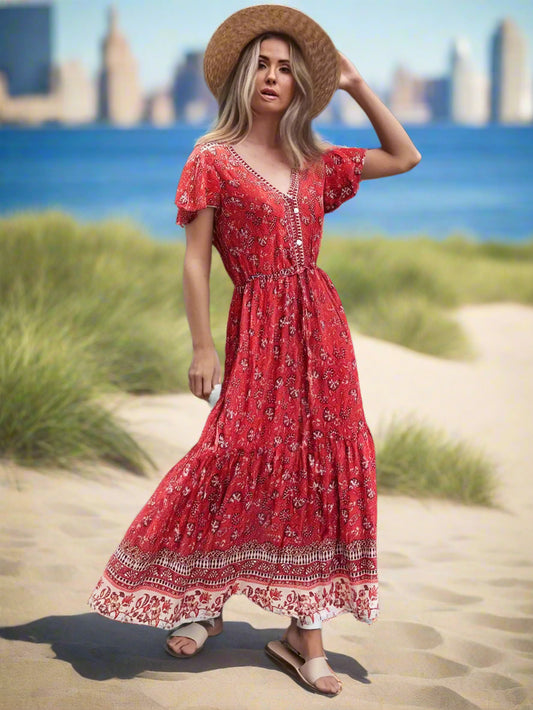 Rula's Floral, Print, Batwing Sleeves, Bohemian, Rayon, Beach, Long, Maxi Dress