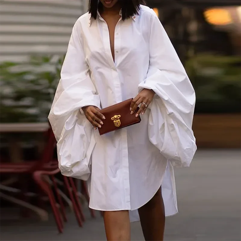 Ella's White, Loose, Stylish, Puffy Long Sleeves, Knee Length Dress