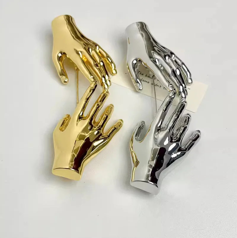 Yara's Metal Smooth Double Palm Hand-shaped Large Brooch- Silver, Gold