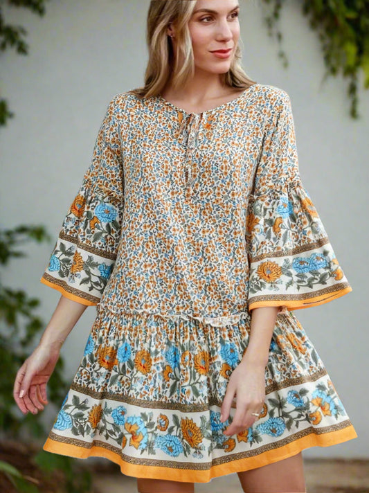 Yosra's  Hippie, Vintage, Stylish, Trendy, Loose, Floral, Ruffles, Print, Floral, Bohemian, Mini Dress