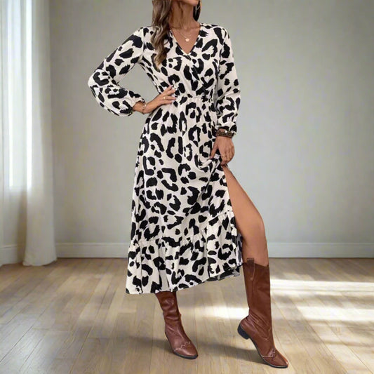 Hellen's Leopard Printed, Trendy, Stylish, Vintage, Long Sleeves, Elastic Waist, Slit Bottom, Midi Dress