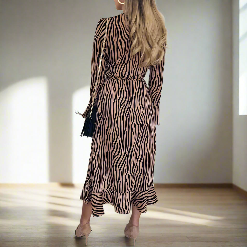 Zoe's Elegant, Zebra Print, Long Petal Sleeves, Trendy, Elegant, Stylish, Ruffles, Cross Pullover, Midi Dress