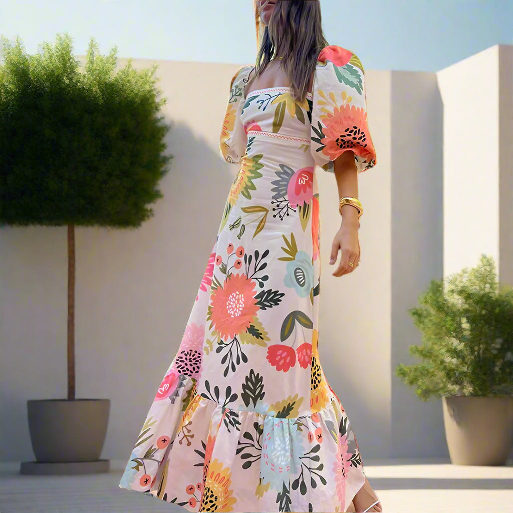 Daisy's Floral, Printed, Square Neck, Trendy, Stylish, Vintage, Boho, Lantern, Party Summer Dress