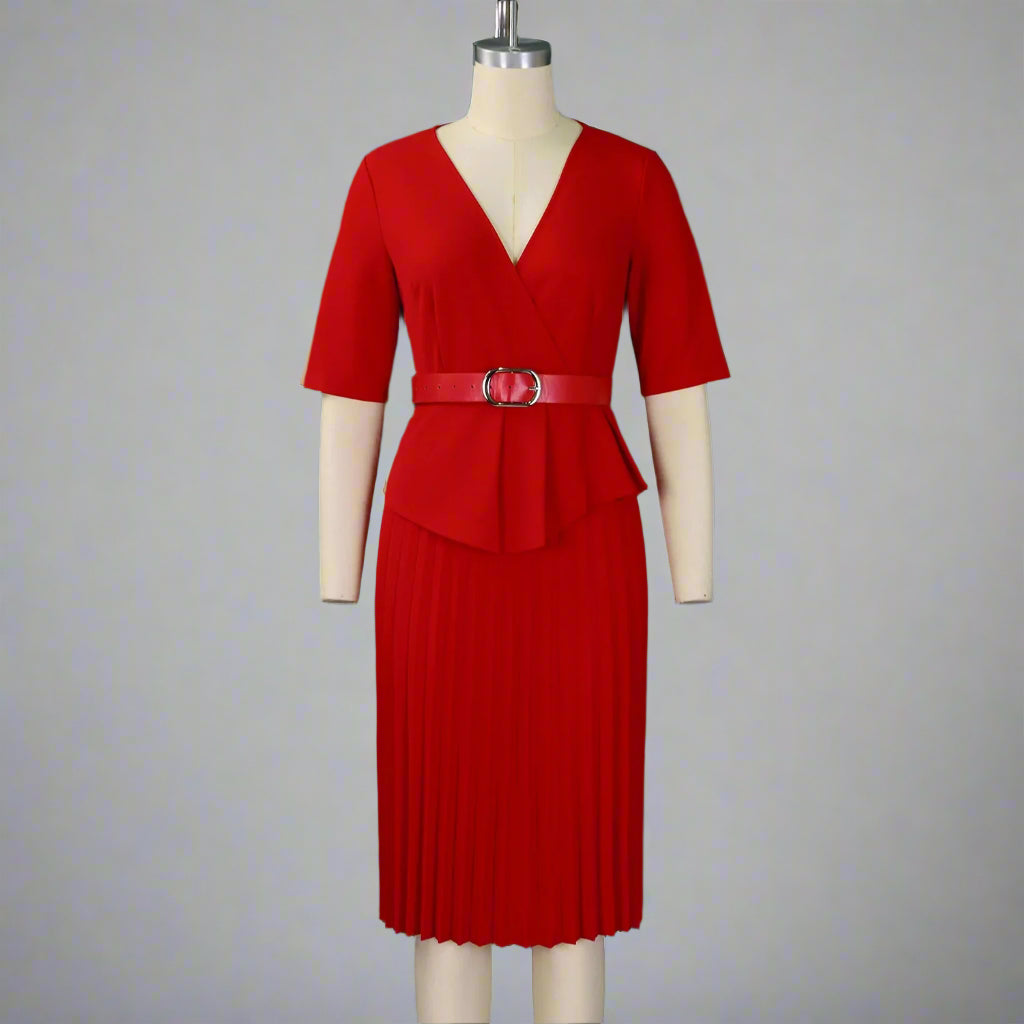 Liz's Plus size, stylish, trendy, Pleated, Temperament, V-Neck, Midi, Office Dress