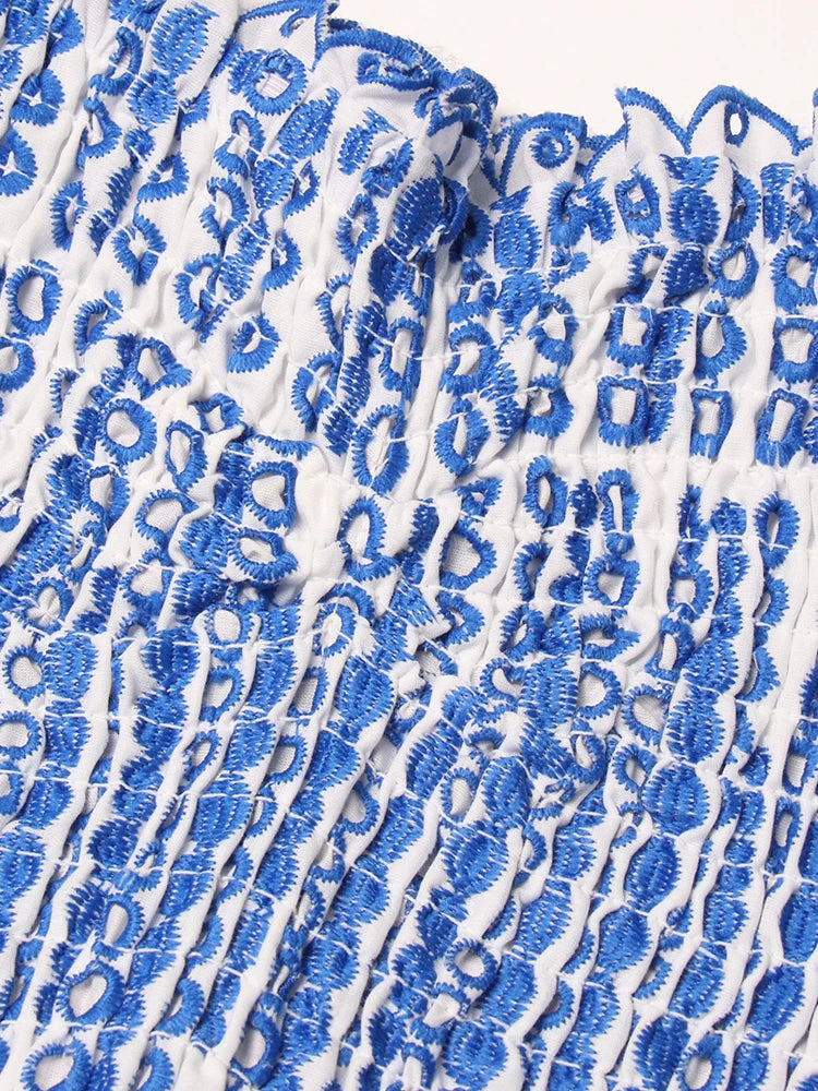 Close-up of blue and white patterned fabric