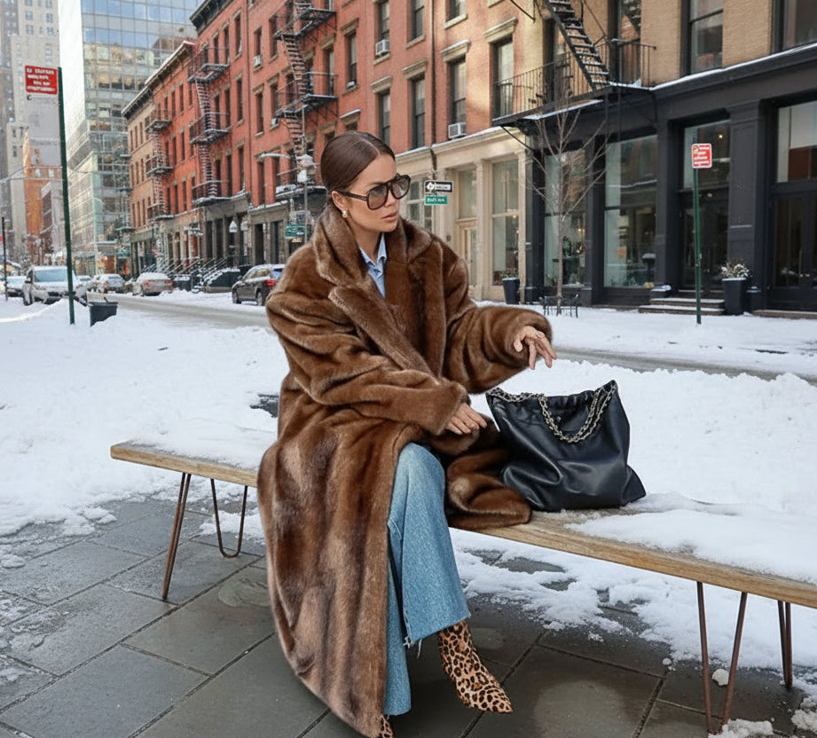Woman in a brown fur coat sitting on a bench with a black handbag.
