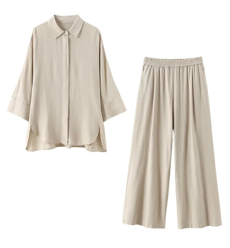 Beige shirt and wide-leg pants set with on a white background