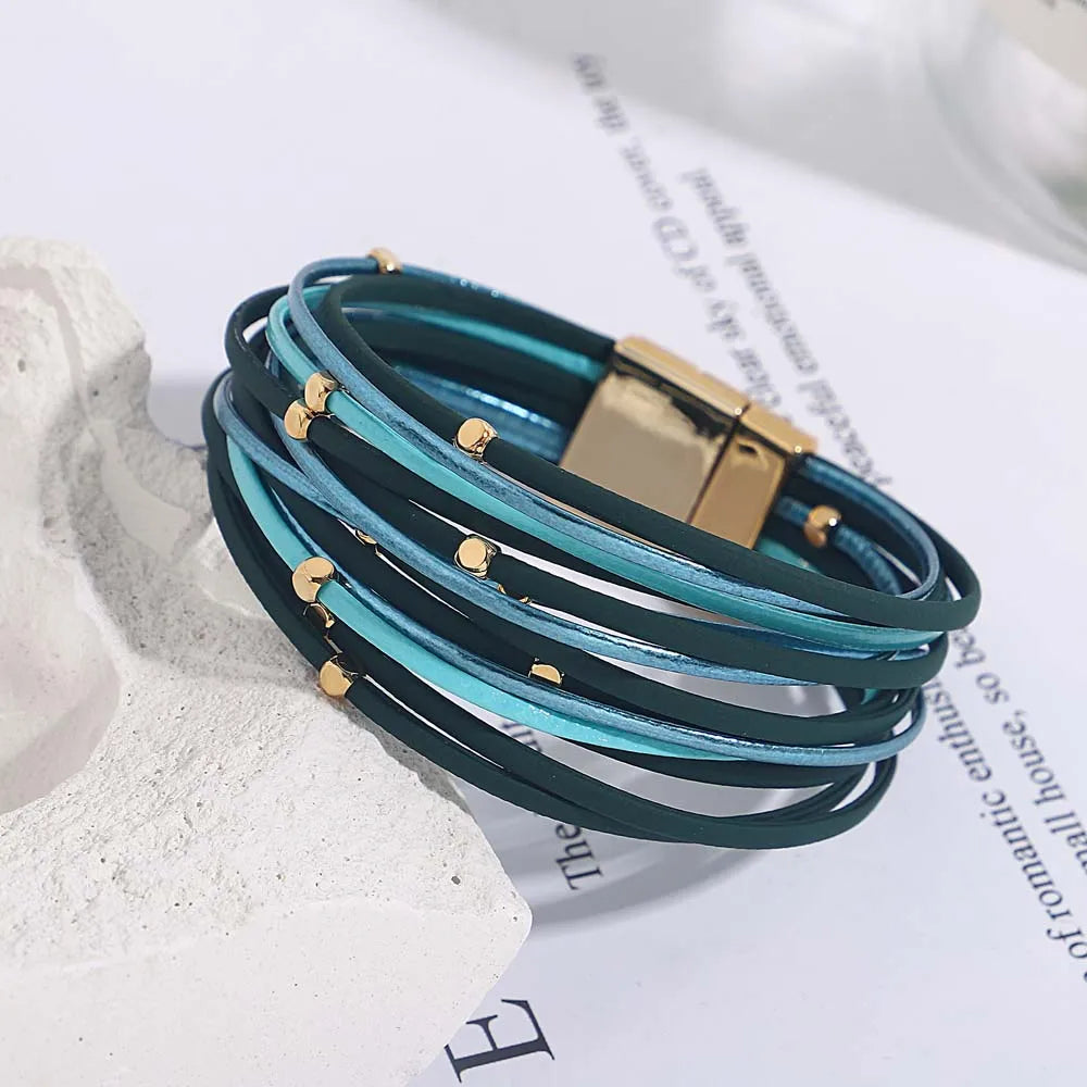 Tanya's Triple Color Leather Bohemian Metal Beads Multilayer Thin Strip Wrap Bracelets