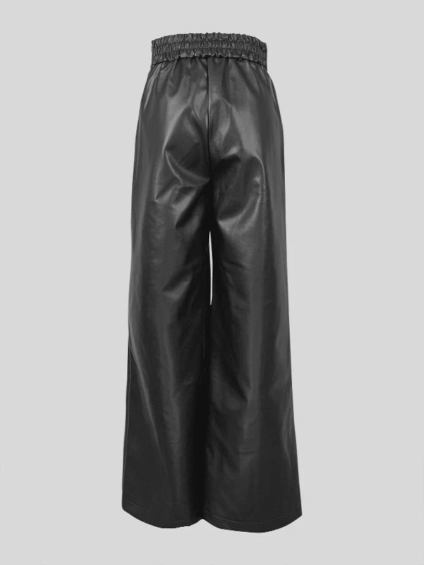 Yara's High Waist, Loose Wide Legs, Faux Leather Long Pant with Pockets