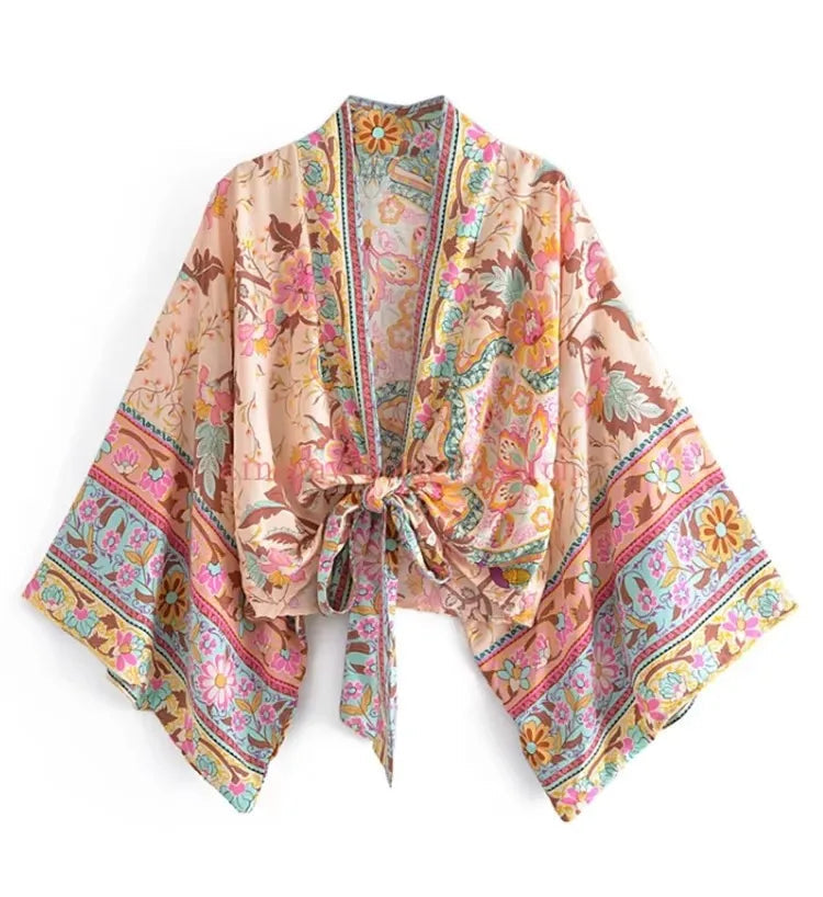 Floral patterned kimono-style garment on a white background