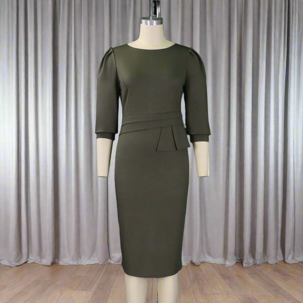 Huda's Sheath, Solid Color, Trendy, Stylish, Vintage, Midi, 3/4 Sleeves, Fit, Office Dress