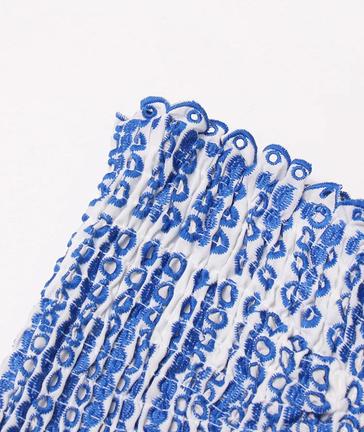 Close-up of blue floral lace on a white background
