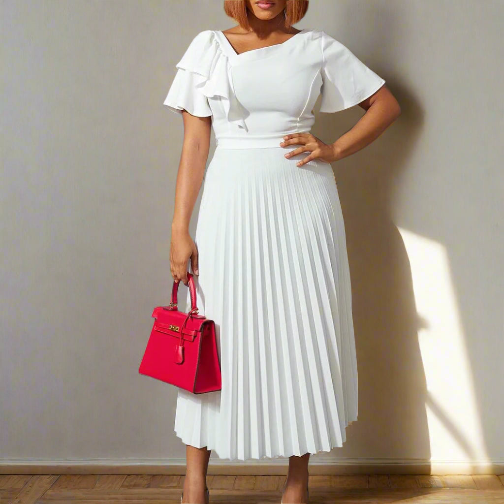 Dana's Pleated, stylish, Trendy, Vintage, Ruffles, short Sleeves, Midi, Office Dress