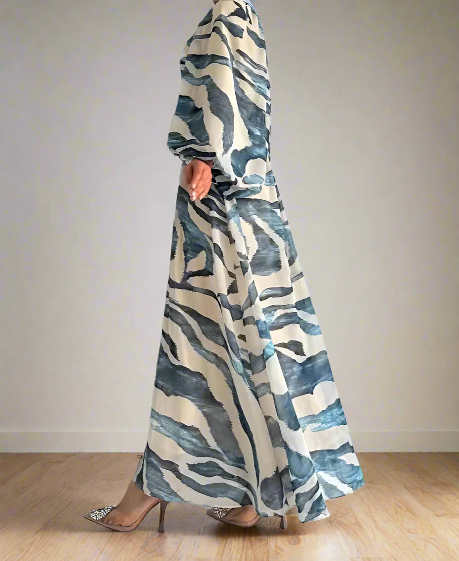 Yassmine's Chiffon, Printed, Pattern, Trendy, Vintage, Elegant, Loose, Stylish, Lantern Sleeves, Maxi Dress