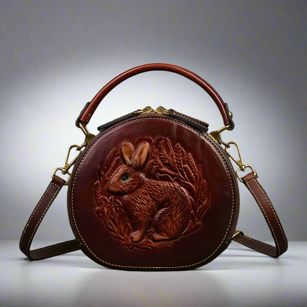 Karma's Genuine Leather, Round Shape, Vintage, Stylish, Retro, Rabbit Embossed, Shoulder Bag