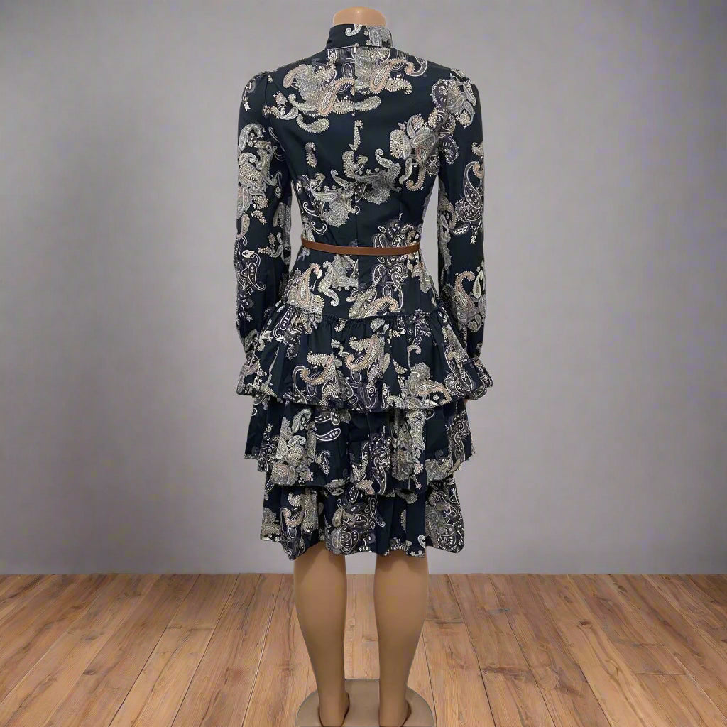 Elsa's Floral Print, Trendy, Stylish, Vintage, High Collar, Long Lantern Sleeves, Mini Dress